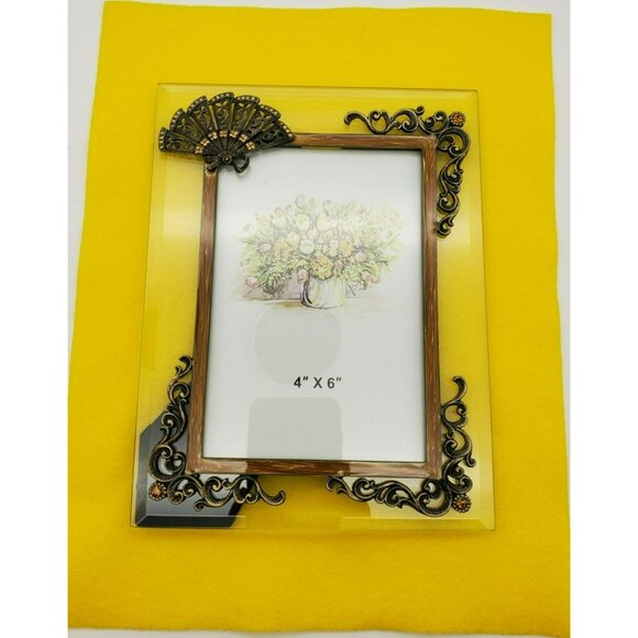 NWOT Glass Bronze Metal Fan Ornamental Scrolls Photo Frame w/Citrone Rhinestones - Picture 8 of 14